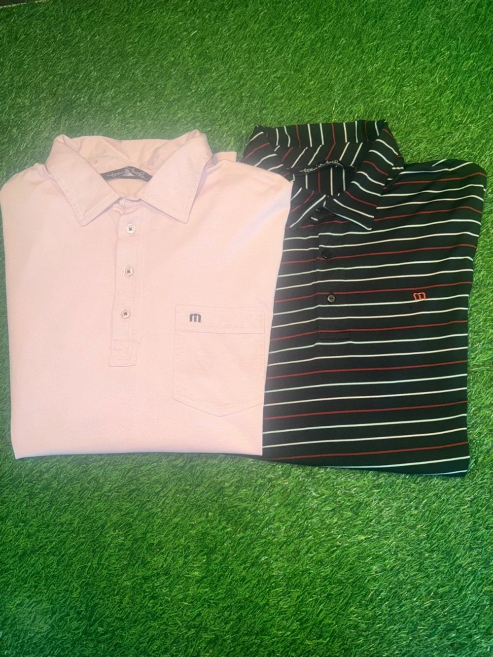 Travis Mathew Light Pink Polo with Black Striped Polo Set Size Large